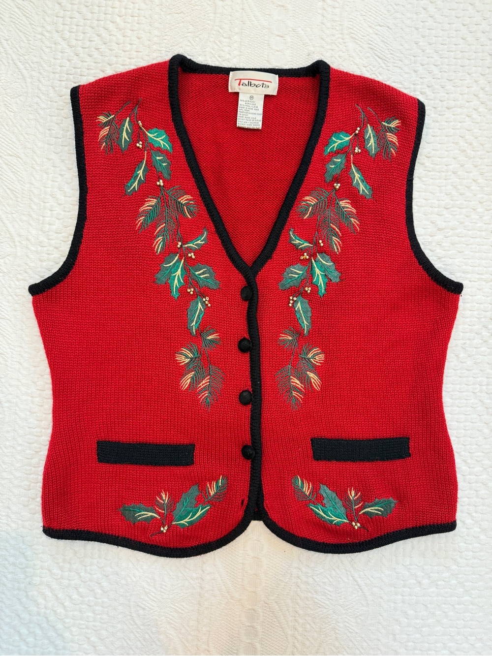 Vintage Talbots Wool Blend Red Christmas Vest Womens Medium M Grandmacore